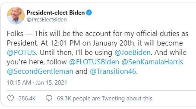 Akun Twitter baru Joe Biden. (Twitter/@PresElectBiden)