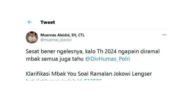 Sindiran Muannas Alaidi untuk Mbak You (Twitter)