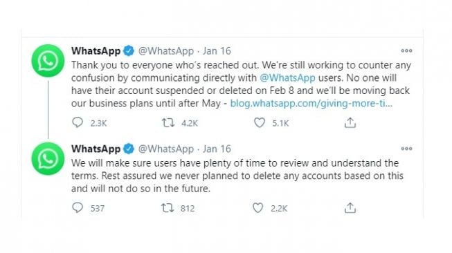 Cuitan WhatsApp terkait berlakunya kebijakan privasi baru. [Twitter]