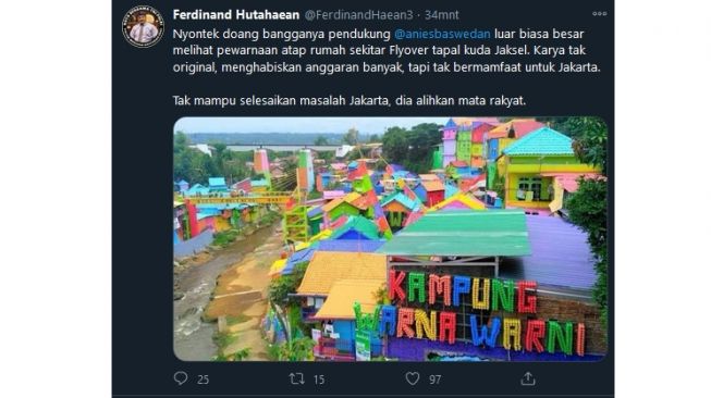 Ferdinand Hutahaean singgung pemprov DKI Jakarta soal atap warna-warni (twitter.com/FerdinandHaean3)