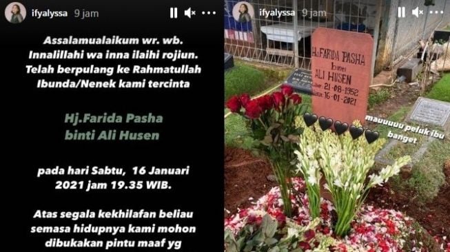 Insta Story Ify Alyssa terkait wafatnya sang nenek, Farida Pasha. Almarhum merupakan aktris senior yang terkenal sebagai pemeran Mak Lampir. [Instagram@ifyalyssa]