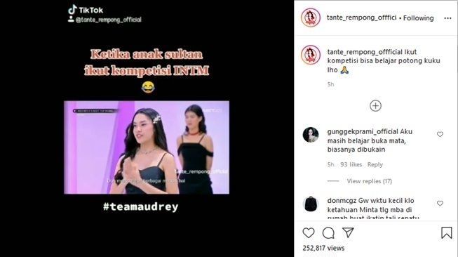 Peserta Indonesia's Next Top Model, Audrey Bianca menjadi sorotan setelah mengaku baru bisa menggunting kuku sendiri.(Instagram/@tante_rempong_offficial)