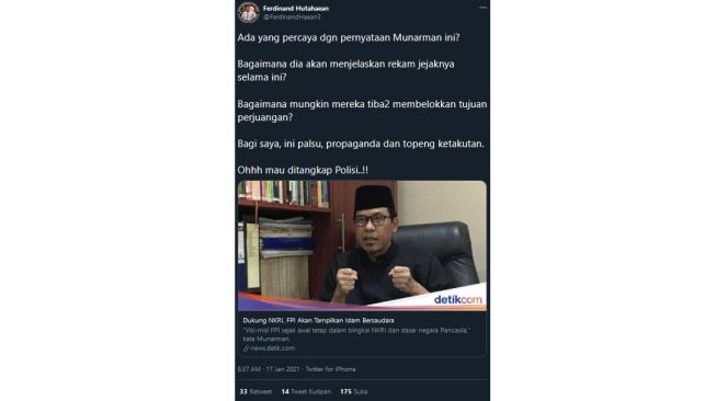 Cuitan Ferdinand Hutahaean soal pernyataan Munarman tentang FPI (twitter.com/FerdinandHaean3)