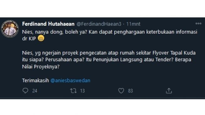 Ferdinand Hutahaean singgung pemprov DKI Jakarta soal atap warna-warni (twitter.com/FerdinandHaean3)