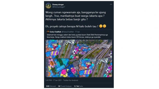 Denny Siregar singgung proyek pengecatan atap warna-warni Pemprov DKI Jakarta  (twitter.com/Dennysiregar7)