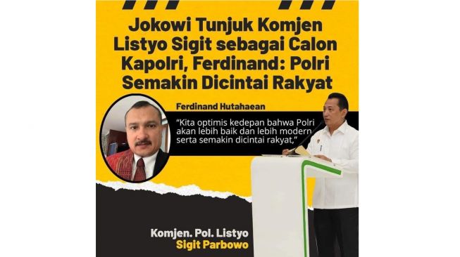 Cuitan Ferdinand Hutahaean beri dukungan pada Komjen Listyo Sigit Prabowo sebagai Kapolri (twitter.com/FerdinandHaean3)