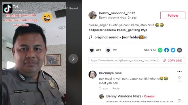 Video polisi gunakan aplikasi berubah jadi cewek cantik. - (TikTok/@benny_vriodona_nnzz)