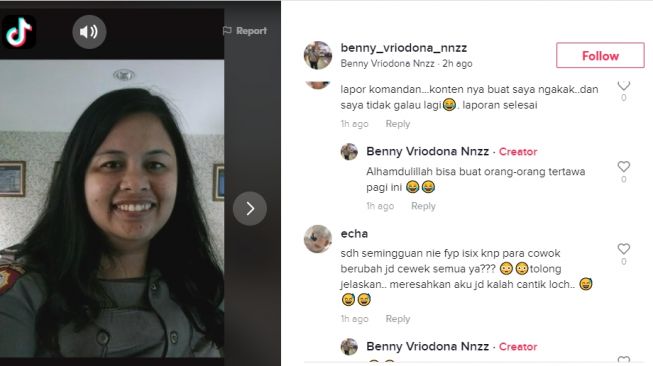 Video polisi gunakan aplikasi berubah jadi cewek cantik. - (TikTok/@benny_vriodona_nnzz)