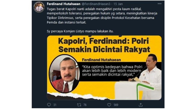 Cuitan Ferdinand Hutahaean beri dukungan pada Komjen Listyo Sigit Prabowo sebagai Kapolri (twitter.com/FerdinandHaean3)