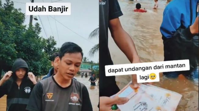 Video pria dapat undangan di tengah banjir. (Tiktok/maulana.synes)