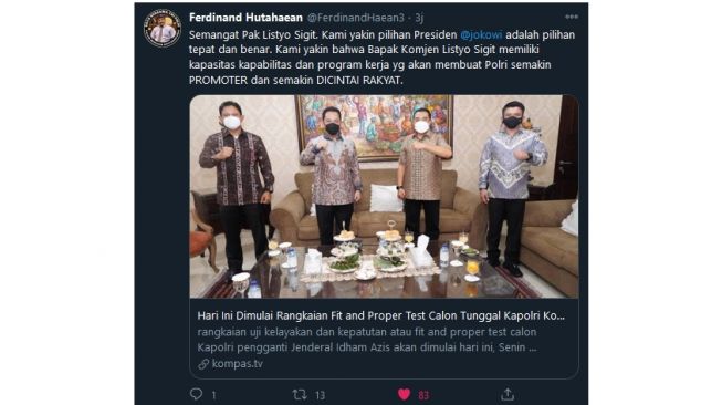 Cuitan Ferdinand Hutahaean beri dukungan pada Komjen Listyo Sigit Prabowo sebagai Kapolri (twitter.com/FerdinandHaean3)