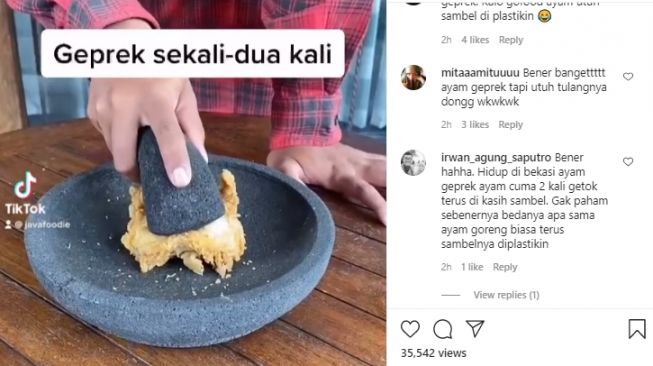 Video perbedaan ayam geprek di Jogja dan di Jakarta. - (Instagram/@javafoodie)