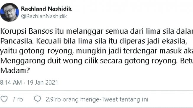 Cuitan Rachland Nashidik soal korupsi Bansos (Twitter)