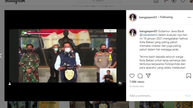 Wali Kota Bekasi Rahmat Effendi menyampaikan ucapan terima kasih kepada warga Kota Bekasi dan Gubernur Jawa Barat, Ridwan Kamil. (Instagra/@bangpepen03)