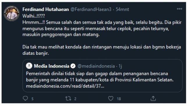 Ferdinand Hutahaean tanggapi pernyataan Direktur Eksekutif Walhi Kalsel, Kisworo Dwi Cahyono (twitter.com/FerdinandHaean3)