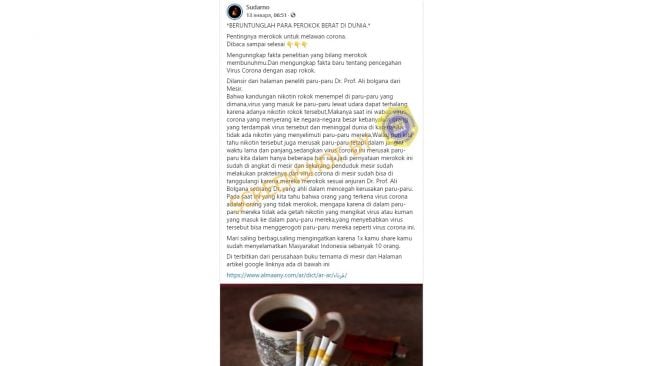 Klaim yang menyebut rokok dapat menghadang virus corona (turnbackhoax.id)