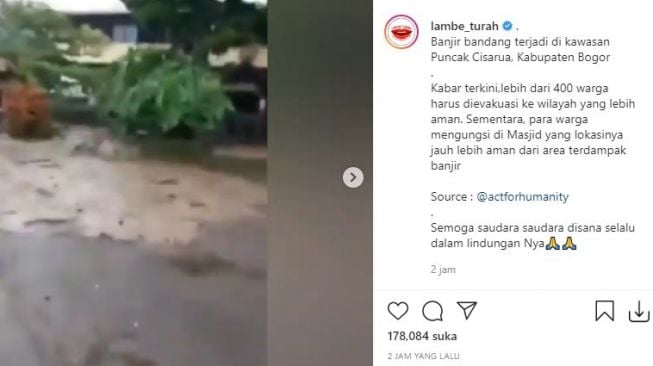 Video banjir bandang di Puncak Bogor. (Instagram/lambe_turah)