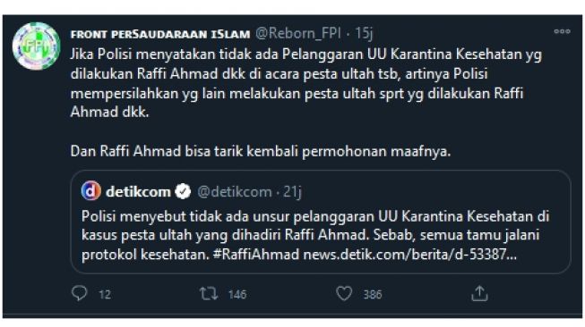 Front Persaudaraan Islam singgung putusan polisi bahwa Raffi Ahmad tak langgar prokes (twitter.com/Reborn_FPI)