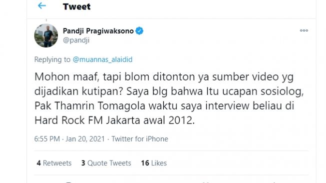 Tangkapan layar twitter Pandji Pragiwaksono.(twitter/@muannas_alaidid)