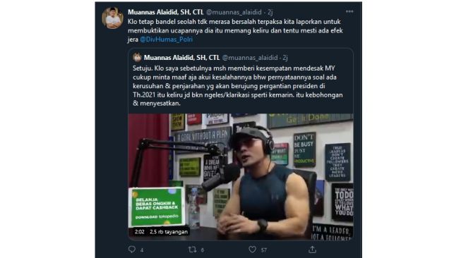 Cuitan Muannas Alaidid agar Mbak You minta maaf dan mengakui kesalahan (twitter.com/muannas_alaidid)