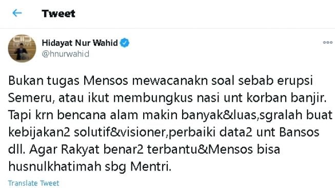 Cuitan Hidayat Nur Wahid soroti kapasitas Risma sebagai mensos (twitter)