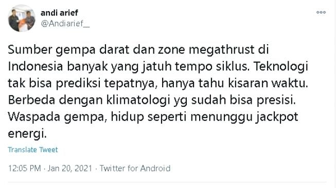 Cuitan Andi Arief soal gempa bumi (twitter)