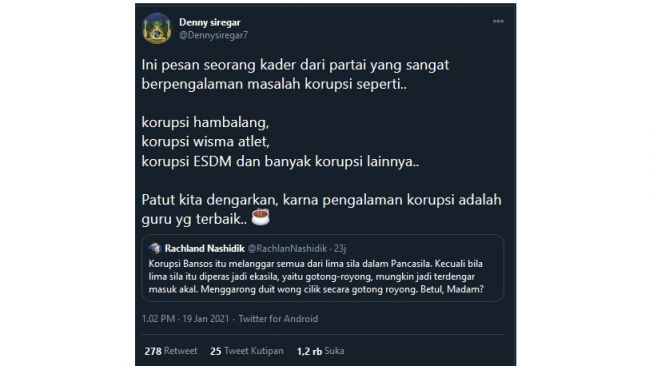 Cuitan Denny Siregar singgung politisi PD (twitter.com/Dennysiregar7)