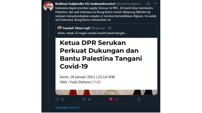 Utasan Budiman Sudjatmiko soal prioritas vaksin Sinovac Indonesia untuk membantu Palestina (twitter.com/budimandjatmiko)