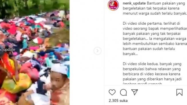 Video warga protes dapat bantuan pakaian hingga menumpuk. (Instagram/nenk_update)