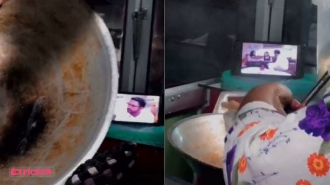 Aksi viral penjual seblak masak sambil nonton Ikatan Cinta (TikTok/Naynats).