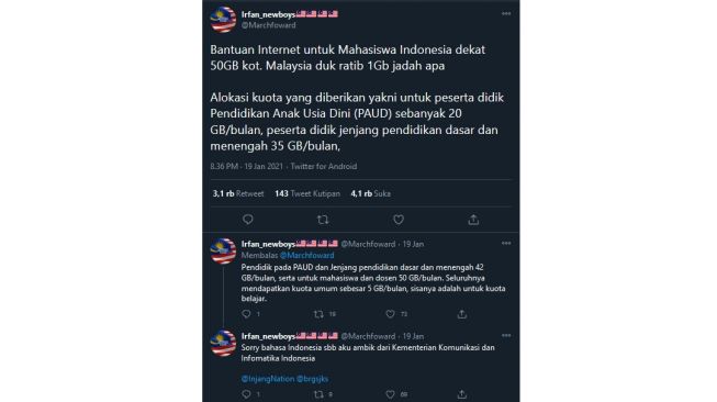 Warganet Malaysia bandingkan subsidi kuota pelajar Indonesia dengan Malaysia (twitter.com/Marchfowar)