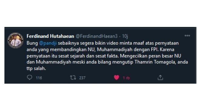 Cuitan Ferdinand singgung pernyataan Pandji tentang membandingkan FPI dengan NU dan Muhammadiyah (twitter.com/FerdinandHaean3)