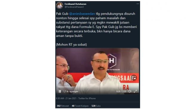 Tanyakan Dana Formula E, Ferdinand Hutahaean: Anies, Kau Transfer ke Mana?