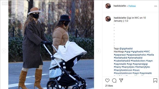 Potret Gigi Hadid saat momong anak di New York pada 10 Januari 2021. (Instagram/@hadidslatte)