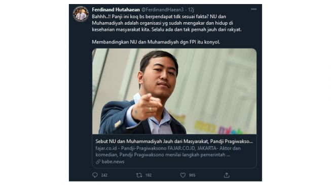 Cuitan Ferdinand singgung pernyataan Pandji tentang membandingkan FPI dengan NU dan Muhammadiyah (twitter.com/FerdinandHaean3)