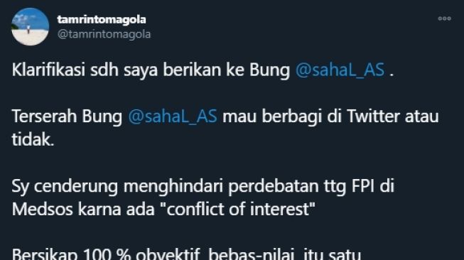 Cuitan Tamrin Tomagola soal hebohnya Pandji Pragiwaksono (Twitter/Tamrintomagola).