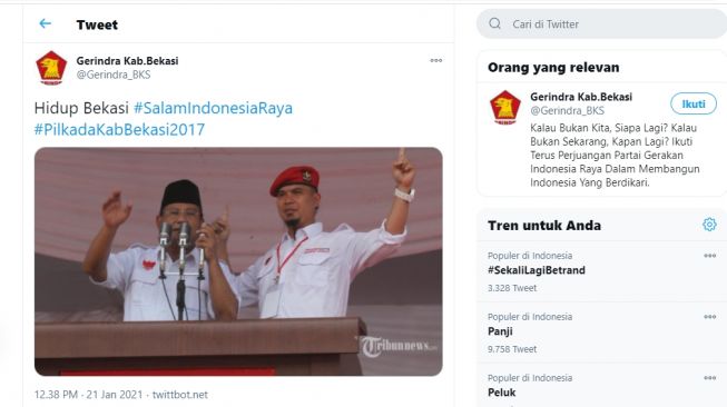 Akun Twiiter bernama Geridra Kab Bekasi.(Twitter/@Gerindra_BKS)