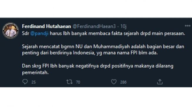 Cuitan Ferdinand singgung pernyataan Pandji tentang membandingkan FPI dengan NU dan Muhammadiyah (twitter.com/FerdinandHaean3)