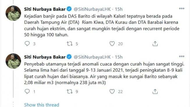 Cuitan MenKLH Siti Nurbaya bakar di Twitter tentang anomali cuaca [Twitter: @SitiNurbayaLHK].