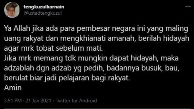 Cuitan Tengku Zulkarnain. (Twitter)