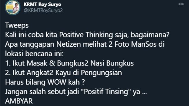 Roy Suryo mengomentari aksi Mensos Risma di pengungsian (Twitter/KRMTRoySuryo2).