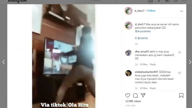 Arya Saloka pukul tv [Instagram]