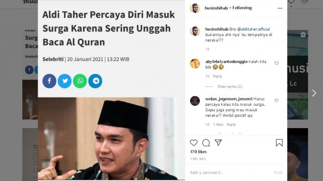 Sindiran Husin Shihab untuk Aldi Taher (Instagram/@husinshihab)