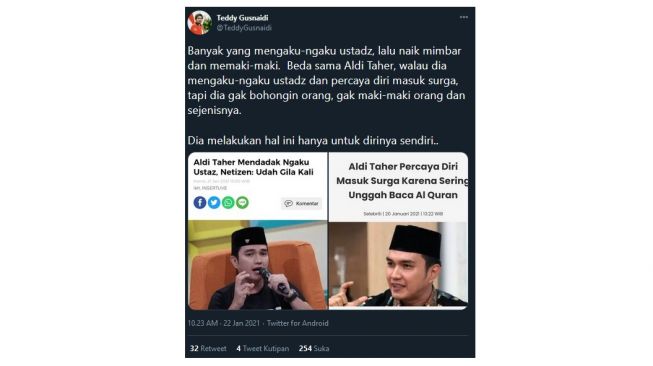 Teddy Gusnaidi beri dukungan pada Aldi Taher jadi ustaz (twitter.com/TeddyGusnaidi)