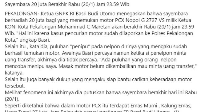 Sayembara dari Ketua GNPK RI dengan total hadiah Rp 20 juta diakhiri (Facebook)