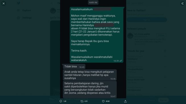 Siswa Izin Absen PJJ Mau Kemoterapi, Guru Melarang dan Beri Jawaban Kejam