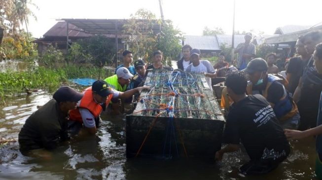 Evakuasi buaya di Desa Lokbaintan, Kecamatan Sungaitabuk, Kabupaten Banjar. [Foto: KSDAE Dishut Kalsel]