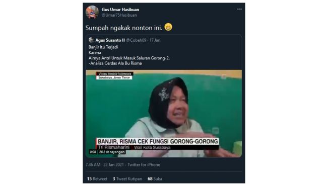 Gus Umar Hasibuan bagikan video Tri Rismaharini saat menjadi Wali Kota Surabaya (twitter.com/Umar75Hasibuan)