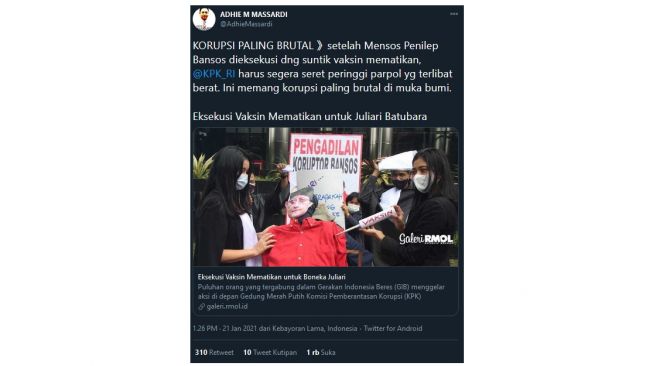 Adhie Massardi tuntut eksekusi mati Juliari Batubara (twitter.com/AdhieMassardi/)