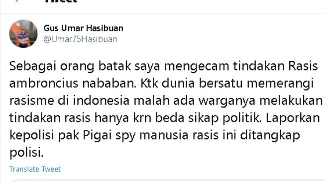 Cuitan Gus Umar tentang dukungan untuk Natalius Pigai (Twitter)